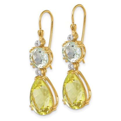 Herco 14K Polished with White Rhodium Polished Fancy Diamond with Green and Lemon Quartz Shephard Hook Dangle Earrings