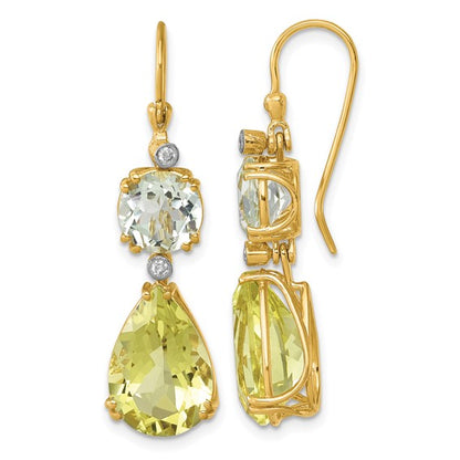 Herco 14K Polished with White Rhodium Polished Fancy Diamond with Green and Lemon Quartz Shephard Hook Dangle Earrings