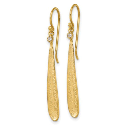 Herco 14K Textured Diamond Feather/Leaf Shephard Hook Dangle Earrings