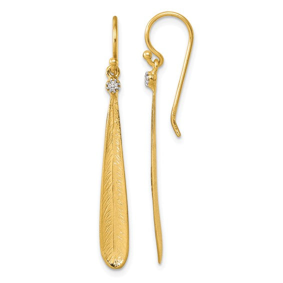 Herco 14K Textured Diamond Feather/Leaf Shephard Hook Dangle Earrings