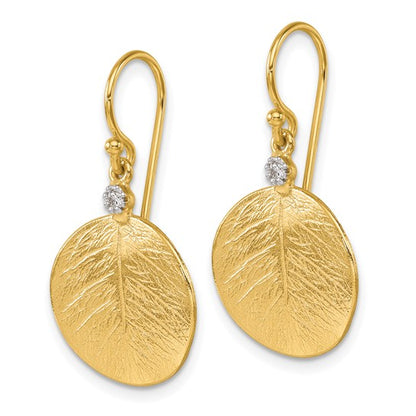 Herco 14K Textured Diamond Circle Leaf Shephard Hook Dangle Earrings