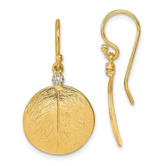 Herco 14K Textured Diamond Circle Leaf Shephard Hook Dangle Earrings