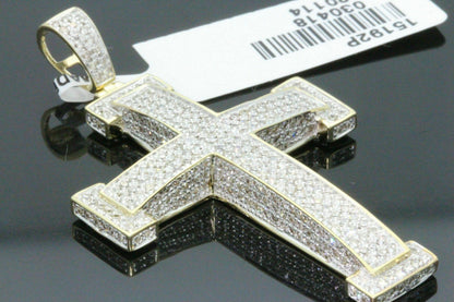 10K YELLOW GOLD 2.50 CARAT 2 INCH REAL DIAMOND MEN CROSS PENDANT CHARM CROSS