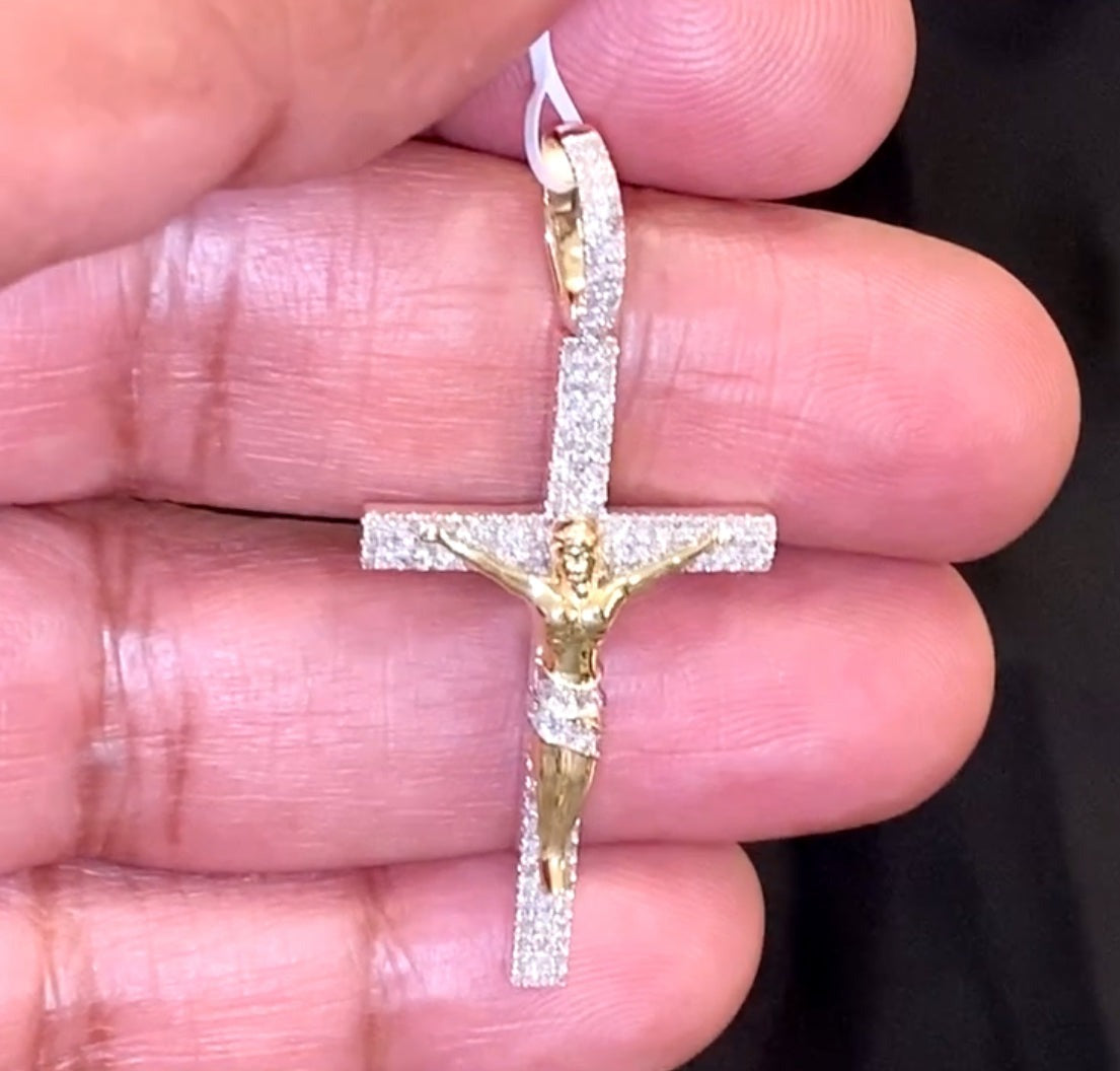 10K YELLOW GOLD .75 CARAT 1.75 INCHES REAL DIAMOND CROSS PENDANT CHARM CROSS
