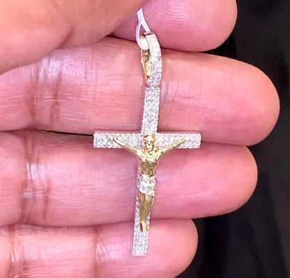 10K YELLOW GOLD .75 CARAT 1.75 INCHES REAL DIAMOND CROSS PENDANT CHARM CROSS