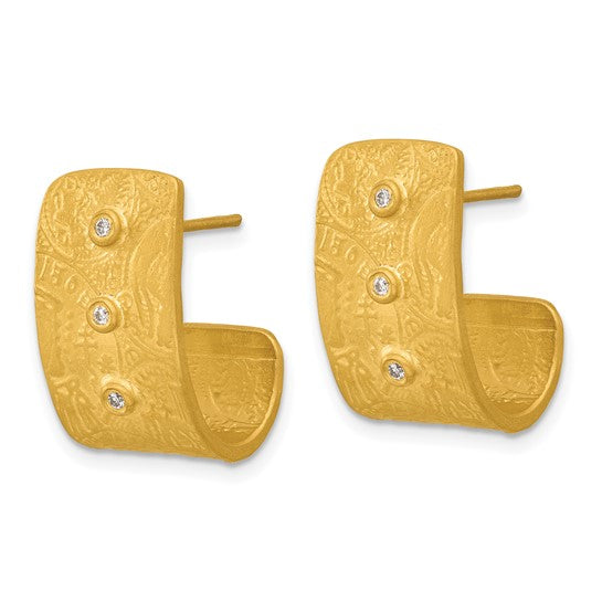 Herco 18K Solid Satin Textured Diamond Coin Design Post J-Hoop Earrings