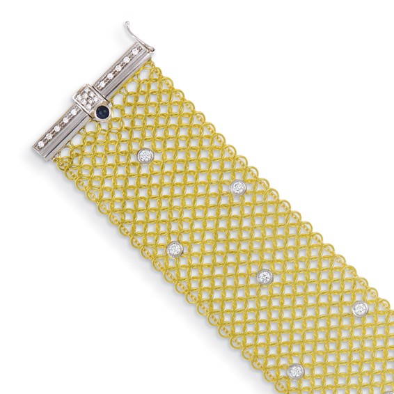 Herco 18K Two-tone Diamond with Sapphire Mesh 7.25 inch Bracelet