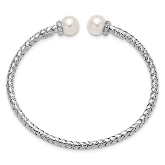 Herco 18K White Gold Polished Diamond/FWC Pearl Woven Cuff Bangle