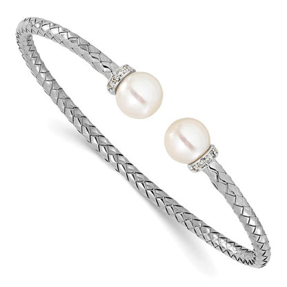 Herco 18K White Gold Polished Diamond/FWC Pearl Woven Cuff Bangle