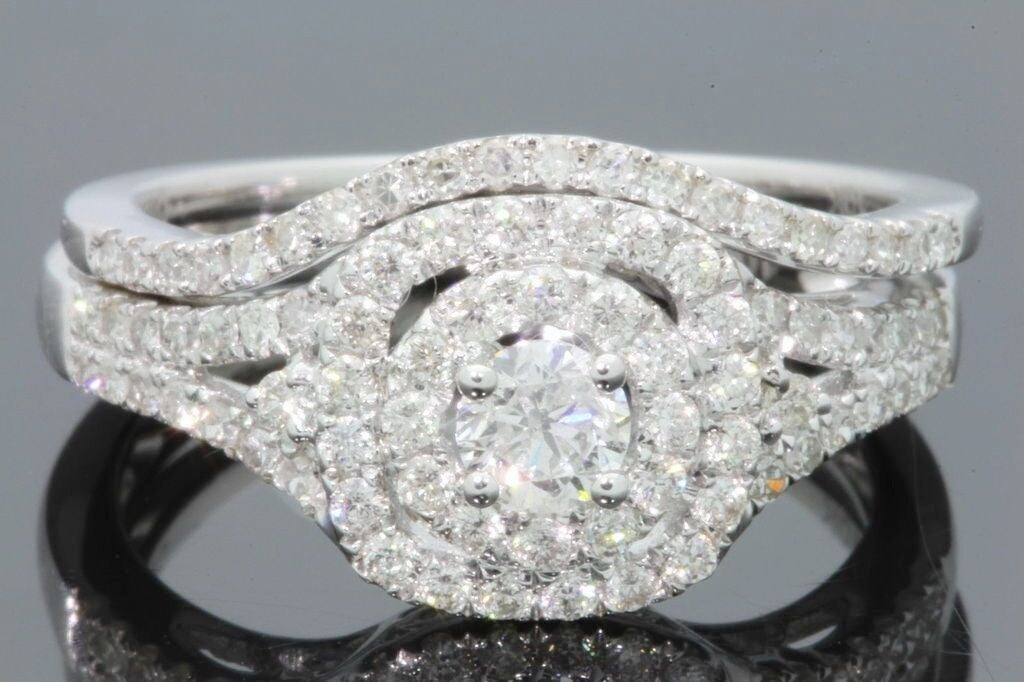10K WHITE GOLD 1 CARAT WOMENS REAL DIAMOND ENGAGEMENT RING WEDDING BAND SET