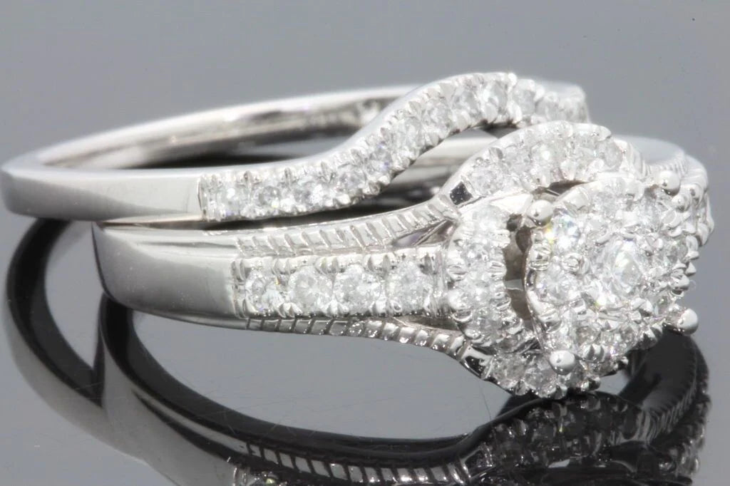 10K WHITE GOLD .60 CARAT WOMEN REAL DIAMOND ENGAGEMENT RING WEDDING BAND RING SET