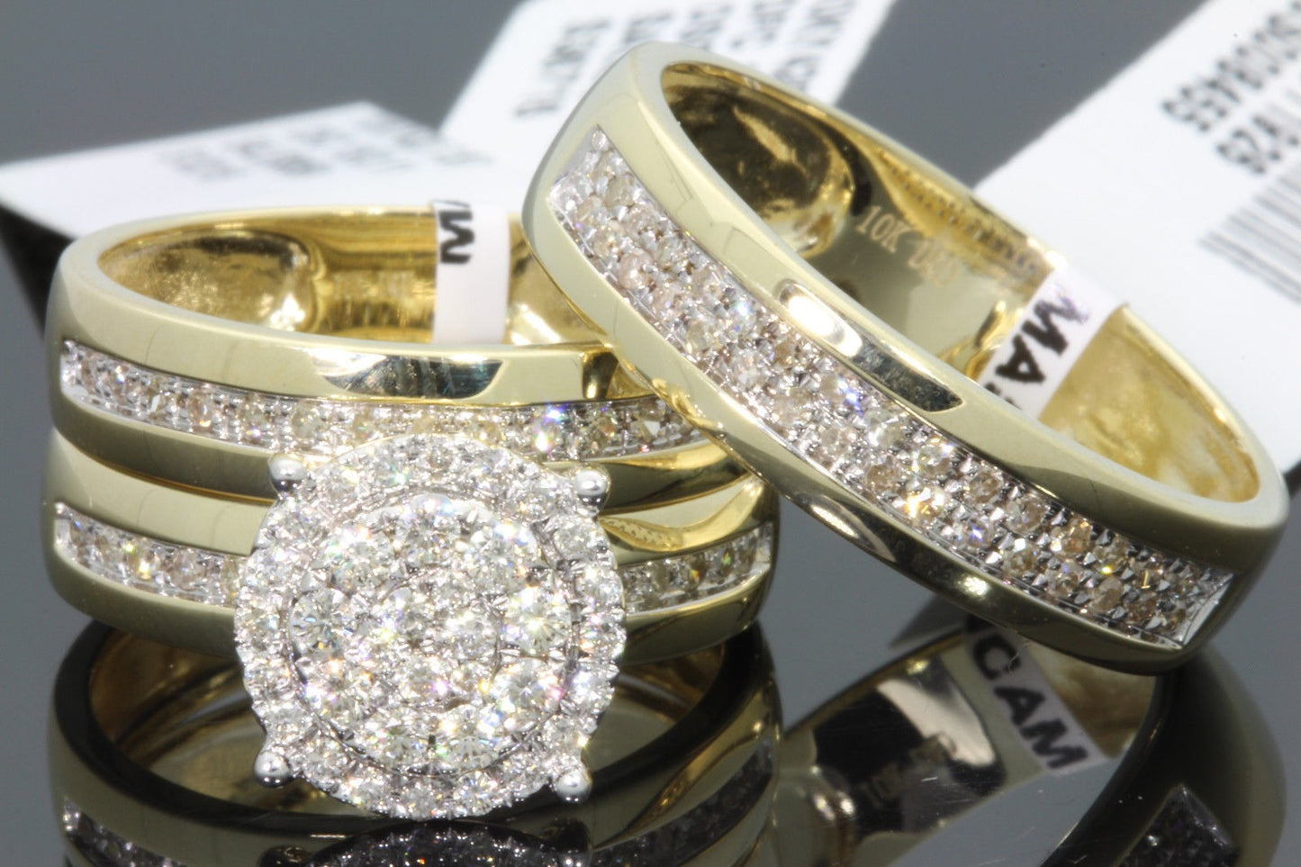 . 10K YELLOW GOLD 1.25 CARAT MEN WOMEN DIAMOND TRIO ENGAGEMENT WEDDING RING BAND SET