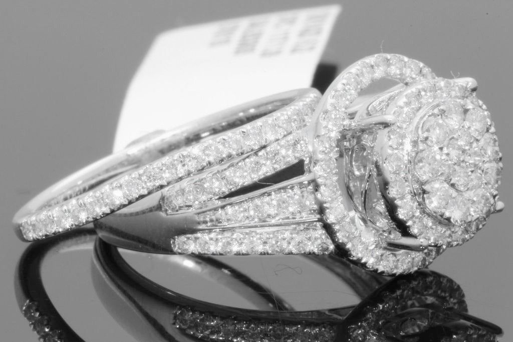10K WHITE GOLD 1.25 CARAT WOMENS REAL DIAMOND ENGAGEMENT RING WEDDING BAND SET