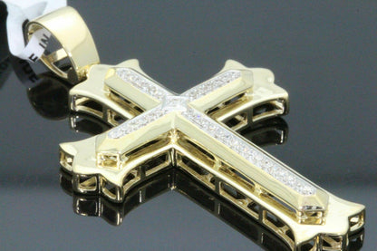 10K YELLOW GOLD .35 CARAT 2 INCH REAL DIAMOND MEN CROSS PENDANT CHARM CROSS