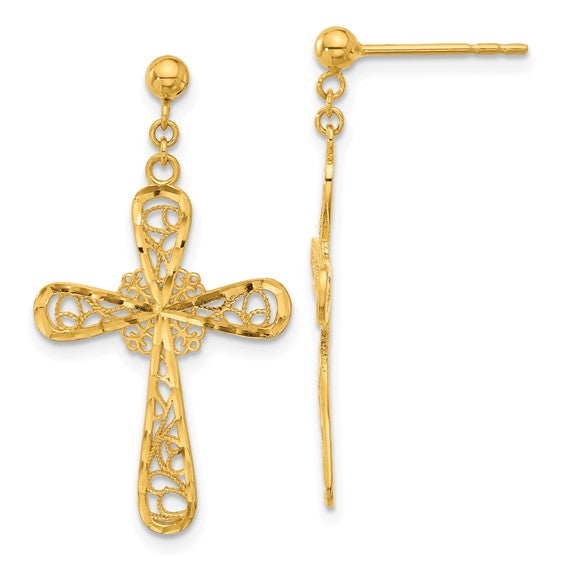 Herco 24K Polished Filigree Cross with Au900 Back and Post Dangle Earrings