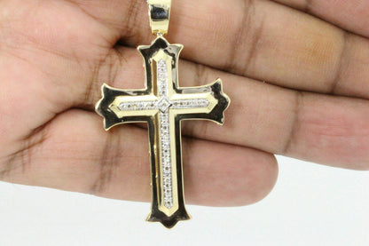 10K YELLOW GOLD .35 CARAT 2 INCH REAL DIAMOND MEN CROSS PENDANT CHARM CROSS