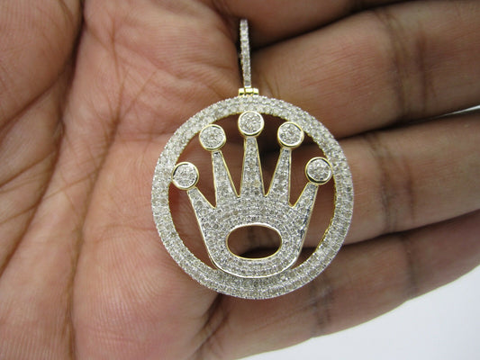 1.65 CARAT MEN STERLING SILVER YELLOW GOLD FINISH LARGE 1.75" DIAMOND CROWN PENDANT CHARM PIECE