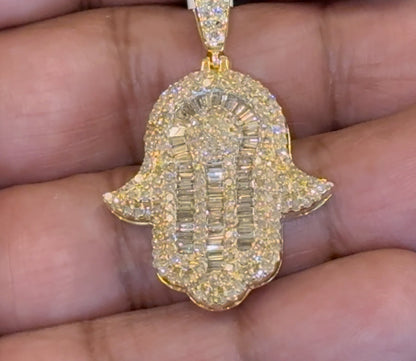 10K YELLOW GOLD 2.75 CARAT 1.75 INCHES REAL DIAMOND HAMSA HAND PENDANT CHARM