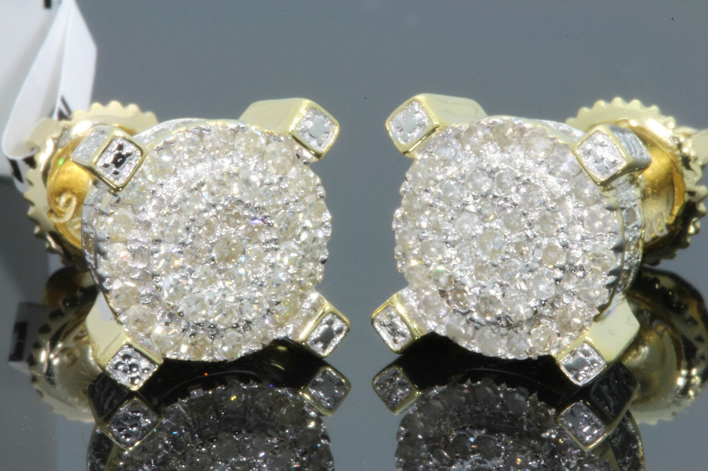 .65 CARAT STERLING SILVER YELLOW GOLD PLATING MENS WOMENS 9 mm 100% REAL DIAMONDS EARRINGS STUDS