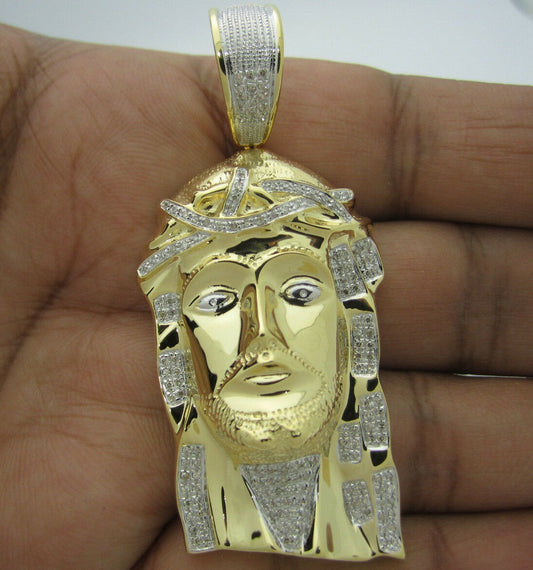 .65 CARAT NATURAL DIAMOND STERLING SILVER YELLOW GOLD PLATED 2.50 INCHES JESUS HEAD CROSS PENDANT CHARM