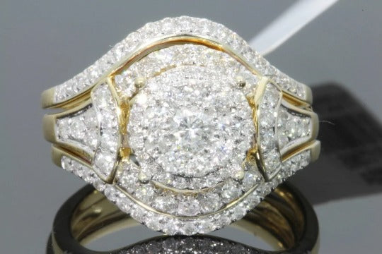 10K YELLOW GOLD 1.50 CARAT WOMENS REAL DIAMOND ENGAGEMENT RING 2 WEDDING BANDS SET