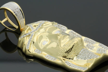 .65 CARAT NATURAL DIAMOND STERLING SILVER YELLOW GOLD PLATED 2.50 INCHES JESUS HEAD CROSS PENDANT CHARM