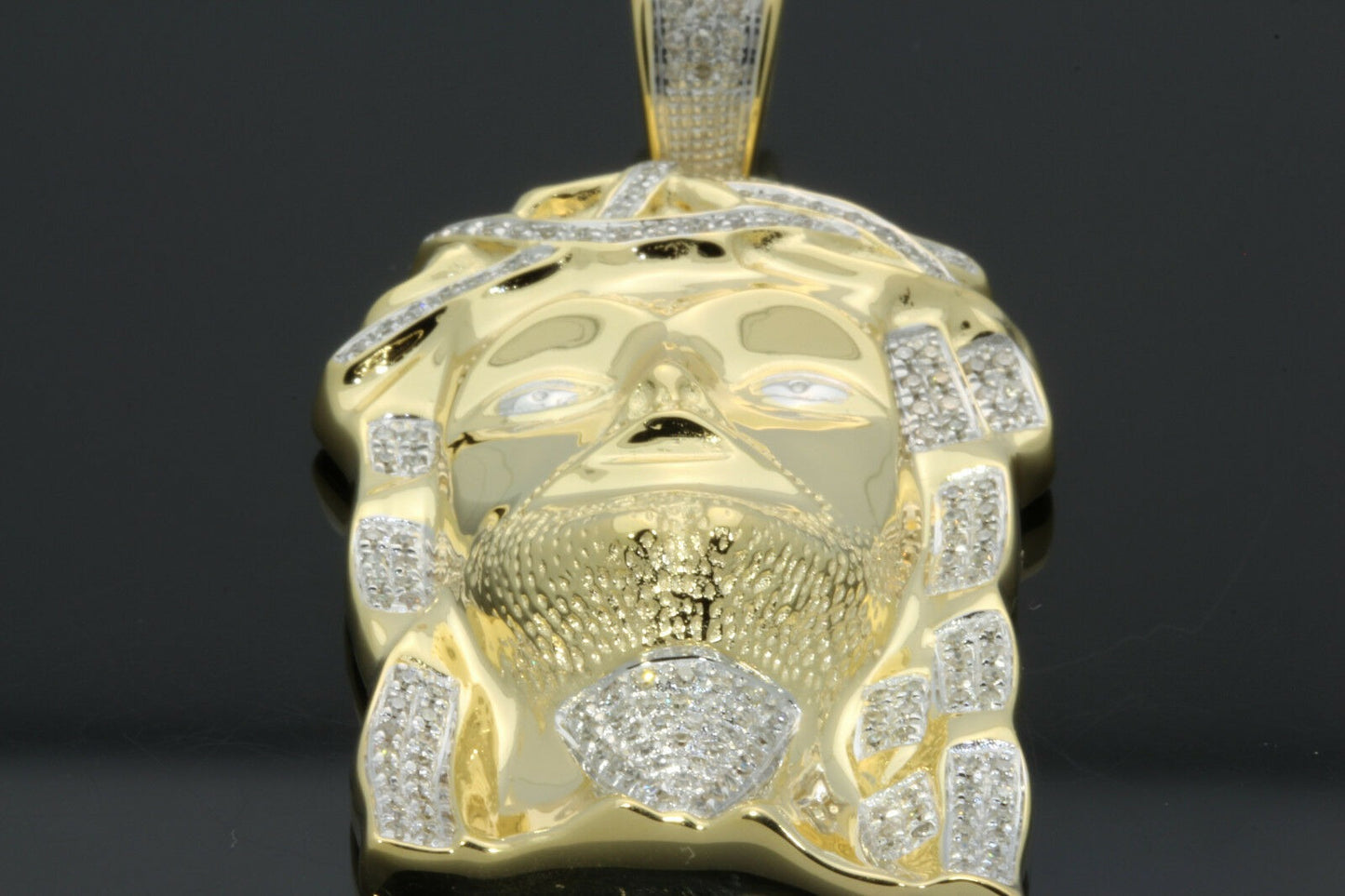 .65 CARAT NATURAL DIAMOND STERLING SILVER YELLOW GOLD PLATED 2.50 INCHES JESUS HEAD CROSS PENDANT CHARM