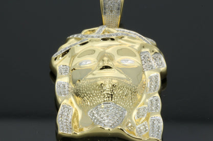 .65 CARAT NATURAL DIAMOND STERLING SILVER YELLOW GOLD PLATED 2.50 INCHES JESUS HEAD CROSS PENDANT CHARM