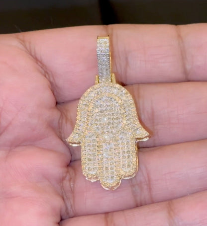 10K YELLOW GOLD 2 CARAT REAL DIAMOND 1.75 INCHES HAMSA HAND PENDANT CHARM