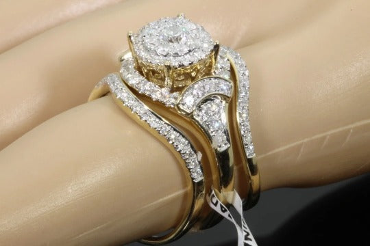 10K YELLOW GOLD 1.50 CARAT WOMENS REAL DIAMOND ENGAGEMENT RING 2 WEDDING BANDS SET