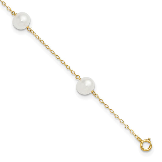 14K 7-8mm White Near Round FW Cultured Pearl 5-station 10in Anklet
