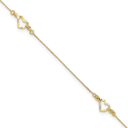 14k Diamond-cut Heart 10in Plus 1in ext. Anklet