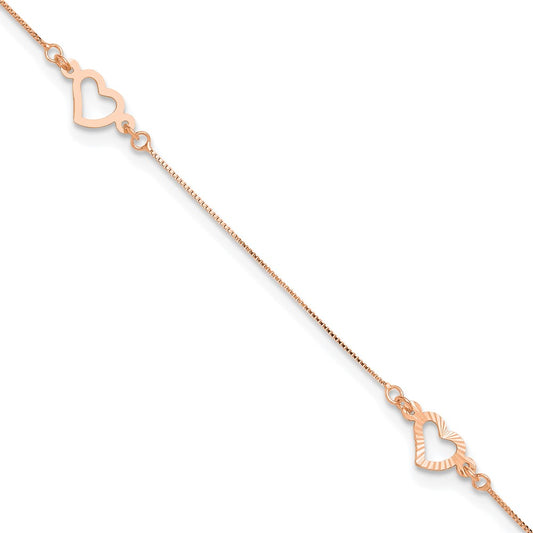14k Rose Gold Adjustable Fancy Heart 9in Plus 1in Ext. Anklet