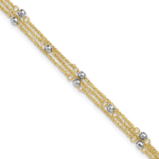 14k Two-tone Triple Strand 9in Plus 1in ext. Anklet