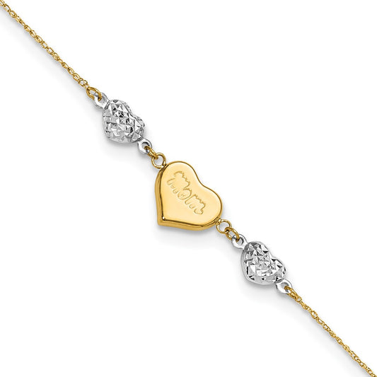 14K Two-tone Diamond-cut Puffed Hearts MOM 10in Plus 1in ext Anklet