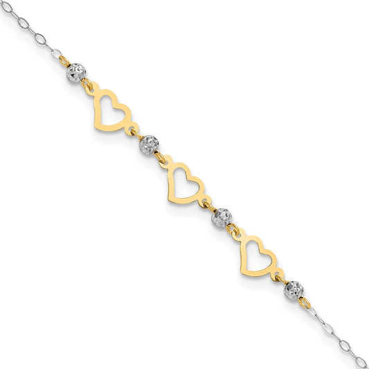 14K Two-tone Oval Link Diamond-cut Beads and Heart 10in Plus 1in Ext Anklet