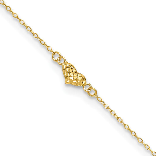14k Polished Diamond-cut Triple Puffed Hearts 10in Plus 1in. Ext. Anklet