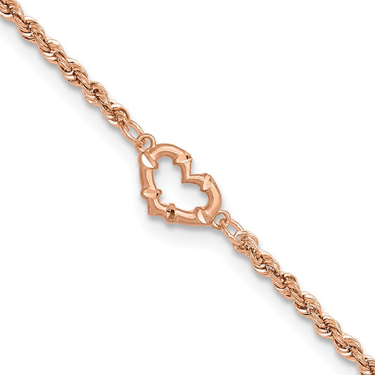14k Rose Gold Diamod-cut Rope with Heart 9in Anklet