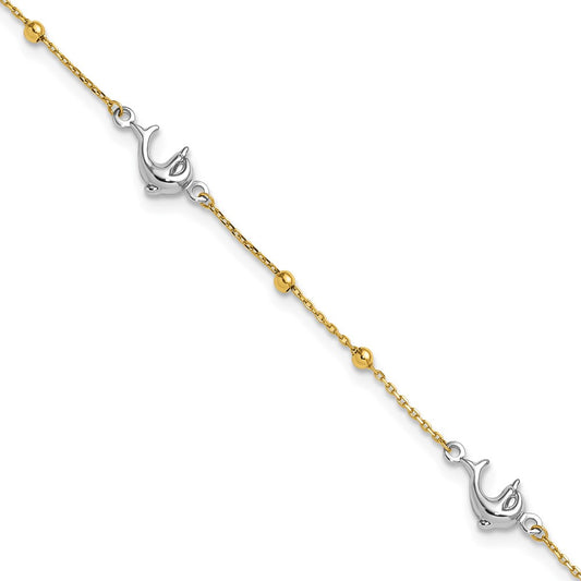 14K Two-tone Polished Bead & Dolphin 9in Plus 1in ext Anklet