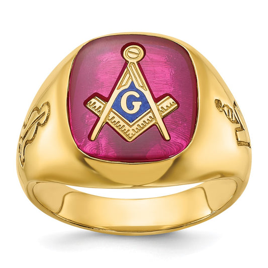 14k IBGoodman Men's Grooved w/ Lab Cr. Ruby Blue Lodge Masonic Ring