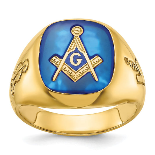 14k IBGoodman Men's Grooved w/ Cr. Sapphire Blue Lodge Masonic Ring