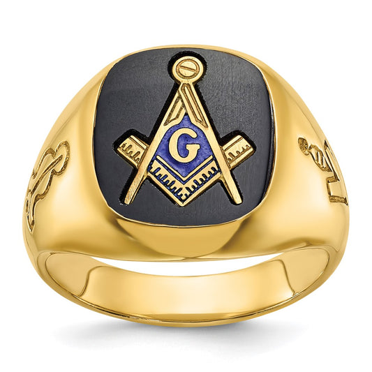 14k IBGoodman Men's Grooved with Onyx Blue Lodge Masonic Ring
