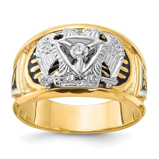 IBGoodman 14k Two-tone Men's Polished and Textured with Black and White Enameled and Diamond 32nd Degree Scottish Rite Masonic Ring