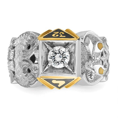 IBGoodman 14k Two-tone Men's Polished and Textured with Black Enamel and Diamond Double Eagle Masonic Shriner's Ring