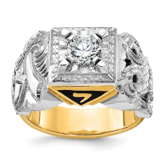 IBGoodman 14k Two-tone Men's Polished and Textured with Black Enamel and Diamond Double Eagle Masonic Shriner's Ring