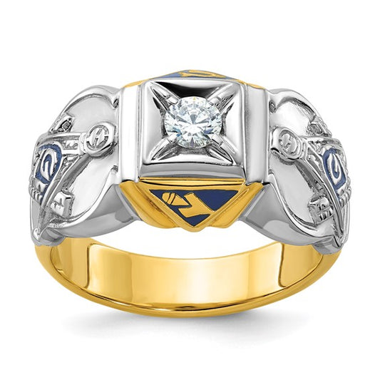 IBGoodman 14k Two-tone Men's Polished and Textured with Blue Enamel and Diamond Blue Lodge Master Masonic Ring