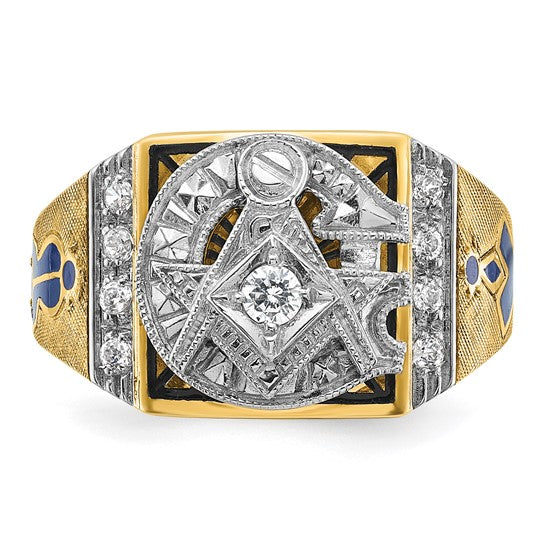 IBGoodman 14k Two-tone Men's Polished and Textured with Blue and Black Enamel Diamond Blue Lodge Master Masonic Ring