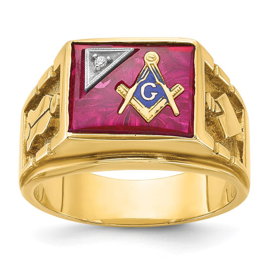 14ktt IBGoodman Men's Lab Cr. Ruby & Dia Blue Lodge Masonic Ring