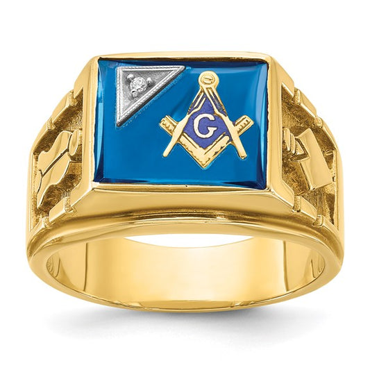 IBGoodman 14k Two-tone Men's Polished and Textured with Lab Created Sapphire and Diamond Blue Lodge Master Masonic Ring