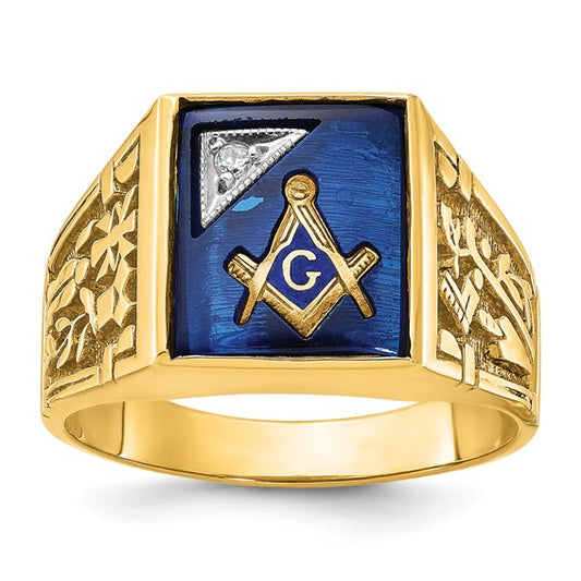 IBGoodman 14k Two-tone Men's Polished and Textured with Lab Created Sapphire and Diamond Blue Lodge Master Masonic Ring